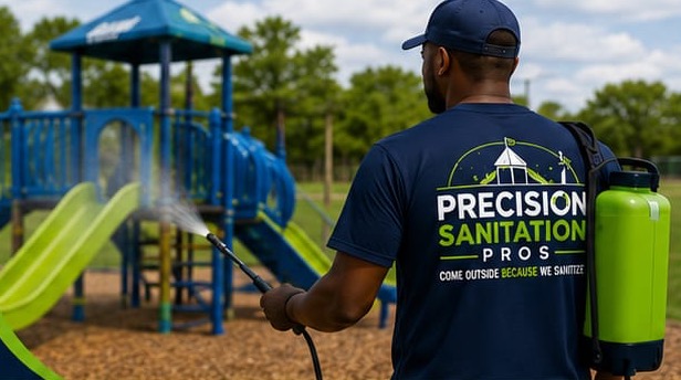 Precision Sanitation Pros technician sanitizing playground equipment